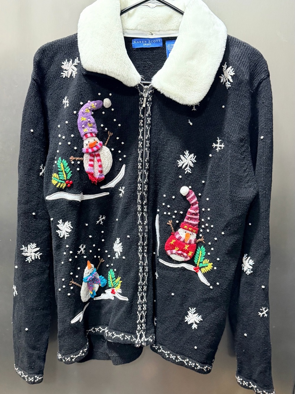 Karen Scott Black Holiday Snowman Embroidered Kids Jacket with Faux Fur Collar